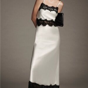 Anthropologie White Satin Dress with Black Lace